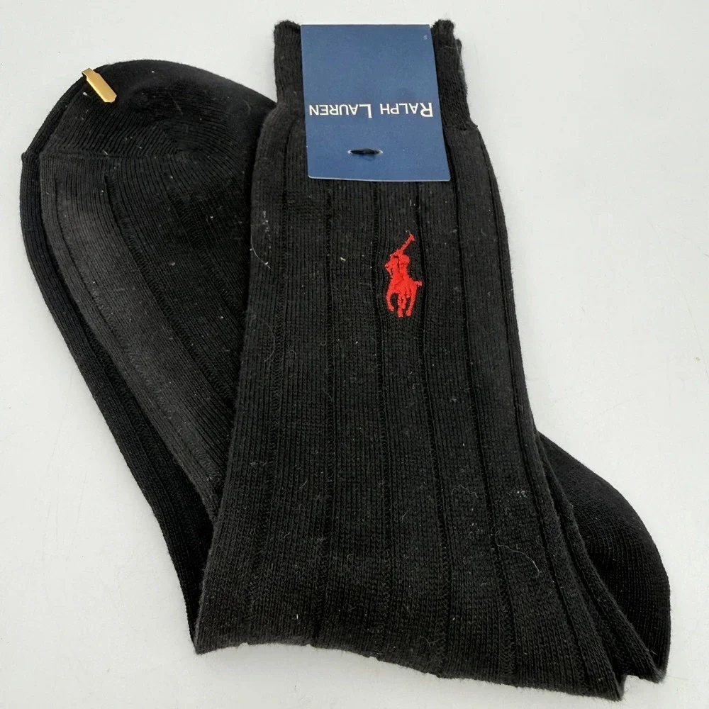 VTG Ralph Lauren Black Ribbed Crew Socks Red Pony Cotton Blend Made in Japan